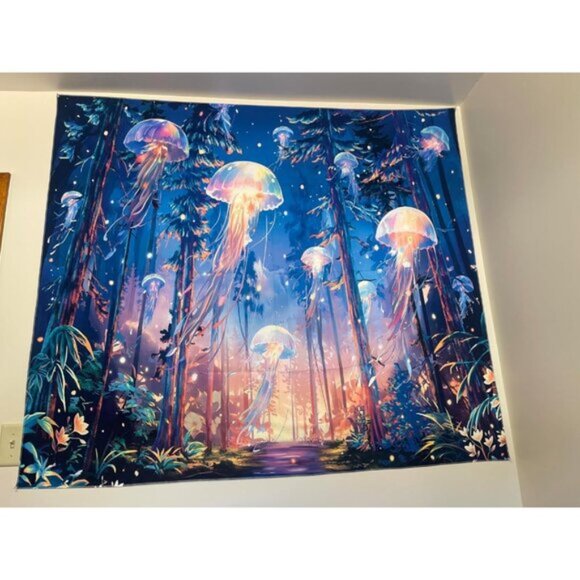 New UV Reactive Blacklight Forest Jellyfish Starry Sky Nature Tapestry, Wall Art